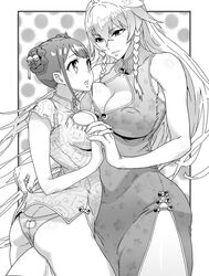  2girls alternate_costume bad_arm braid breasts cat_hair_ornament china_dress chinese_clothes couple covered_nipples cowgirl_position dress gyaru hair_ornament holding_hands inverted_nipples large_breasts looking_at_another monochrome multiple_girls shikishima_mirei short_twintails tokonome_mamori twin_braids twintails valkyrie_drive valkyrie_drive_-mermaid- yuri zunta 