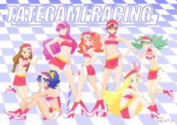  6+girls arisugawa_himari armpits biburi_(precure) blonde_hair blue_eyes blue_hair blue_skirt bow braid breasts brown_eyes brown_hair checkered_background closed_mouth crop_top earrings green_hair grin groin hair_between_eyes hairbow half-closed_eyes hand_on_hilt high_heels high_ponytail jewelry kenjou_akira kirahoshi_ciel kirakira_precure_a_la_mode kotozume_yukari long_hair looking_at_viewer medium_breasts microskirt midriff multiple_girls navel orange_eyes orange_hair pink_eyes precure purple_hair race_queen red_eyes red_hair red_legwear short_hair side_slit skirt smile socks standing standing_on_one_leg stomach sweatdrop swept_bangs tategami_aoi tuqi_pix twin_braids umbrella usami_ichika v-shaped_eyebrows very_long_hair visor_cap yellow_bow 