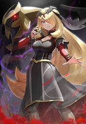  absurdres black_dress blonde_hair breasts closed_mouth commentary cynthia_(pokemon) cynthia_(sygna_suit)_(renegade)_(pokemon) dress female giratina gold_trim gonzarez grey_eyes hair_over_one_eye hand_up highres holding holding_poke_ball jewelry long_hair long_sleeves looking_at_viewer medium_breasts neck_ring official_alternate_costume open_hand poke_ball pokemon pokemon_(creature) pokemon_masters_ex tiara ultra_ball veil very_long_hair 