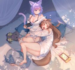  2girls absurdres ahoge animal_ear_fluff animal_ears bare_legs bare_shoulders barefoot black_bra blue_eyes bone_hair_ornament bra breasts brown_hair cat_ears cat_girl cat_tail choker cleavage cucumbear073 dog_ears dog_girl dog_tail dress feet hair_ornament highres hololive hug inugami_korone inugami_korone_(dog) large_breasts legs long_hair looking_at_another medium_hair multicolored_hair multiple_girls naked_shirt nekomata_okayu nekomata_okayu_(oversized_shirt) off-shoulder_dress off_shoulder pillow purple_hair shirt smile soles stuffed_toy tail toes two-tone_hair underwear virtual_youtuber white_shirt yawning yuri 