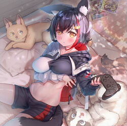  absurdres animal_ear_fluff animal_ears arm_under_breasts black_hair blush breast_hold breasts clothes_lift collarbone controller cucumbear073 feline female highres holding holding_controller hololive hood hoodie hoodie_lift indoors large_breasts long_hair long_sleeves looking_at_viewer lowleg lowleg_shorts midriff multicolored_hair navel official_alternate_costume ookami_mio ookami_mio_(casual) orange_eyes playing_games red_hair short_shorts shorts sitting streaked_hair taiga_(ookami_mio) tail taut_clothes tawa_(ookami_mio) virtual_youtuber wolf_ears wolf_tail 