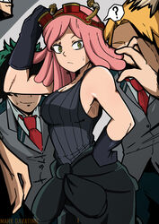  4boys ? absurdres arm_up artist_name bare_shoulders black_gloves black_hair blonde_hair blush boku_no_hero_academia breasts cleavage collarbone commentary female gloves goggles goggles_on_head green_hair hand_on_own_hip hatsume_mei highres imminent_rape kaminari_denki large_breasts looking_at_viewer mark_gavatino medium_hair midoriya_izuku multiple_boys necktie pink_hair solo_focus spoken_question_mark straight sweatdrop symbol-shaped_pupils tank_top yellow_eyes 