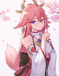  amco animal_ears bare_shoulders female fox_ears fox_tail genshin_impact hair_ornament hair_over_one_eye hand_up highres japanese_clothes looking_at_viewer nail_polish pink_hair pink_nails purple_eyes simple_background solo tail white_background wide_sleeves yae_miko 