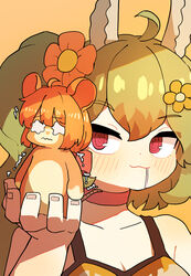  2girls absurdres ahoge alpaca_ears animal_ears asymmetrical_bangs blush drooling eight-tailed_fox_nari flower green_hair guardian_tales hair_flower hair_ornament highres holding ix korean_commentary mayreel_(guardian_tales) mouse_ears mouse_tail multiple_girls multiple_views official_alternate_costume orange_background pink_eyes tail 