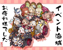  5inch_twin_dual-purpose_gun_mount 6+girls :3 absurdres abyssal_ship air_defense_cruiser_princess akishimo_(kancolle) anchor_hair_ornament animal atlanta_(kancolle) autumn_leaves batavia_princess belt blonde_hair blue_hair blush braid breasts brown_belt brown_eyes brown_hair burger capelet carriage chair chaki_(teasets) chibi closed_eyes colored_skin commentary_request crack cup de_ruyter_(kancolle) drooling eating fairy_(kancolle) food frown garrison_cap glasses gloves gotland_(kancolle) gradient_hair grey_hair hair_ornament hair_ribbon hat headgear highres hirato_(kancolle) holding holding_food hood hooded_capelet horns houston_(kancolle) kantai_collection koala leaf_hair_ornament long_hair long_sleeves multicolored_hair multiple_girls nautilus_(animal) ne-class_heavy_cruiser oerba_yun_fang onigiri open_mouth partially_fingerless_gloves perth_(kancolle) photoshop_(medium) purple_eyes red_eyes red_ribbon ribbon shinshuu_maru_(kancolle) short_hair single_horn sitting smile spikes tea tea_set teacup teapot translation_request twin_braids two_side_up wacky_races wheel white_hair white_skin 