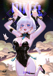  :d animal animal_ears armpits arms_up ass_visible_through_thighs black_footwear black_leotard blush breasts bulge cleavage detached_collar earrings extra_ears female highres jewelry leotard looking_at_viewer open_mouth original playboy_bunny rabbit rabbit_ears short_hair sky smile solo star_(sky) starry_sky strapless strapless_leotard teeth v w white_hair wolksheep wrist_cuffs 