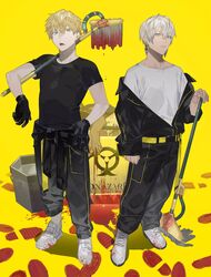  2boys arm_at_side belt biohazard_symbol black_gloves black_jacket black_pants black_shirt blonde_hair blood blood_on_clothes bucket carrying_over_shoulder clothes_around_waist earrings ex_albio footprints full_body gloves grey_shirt hand_on_own_hip highres ibrahim_(nijisanji) jacket jewelry looking_at_viewer male_focus mop multiple_boys nijisanji off_shoulder open_mouth pants serita_jon shirt shoes short_hair simple_background sneakers standing virtual_youtuber viscera_cleanup_detail white_footwear yellow_background 