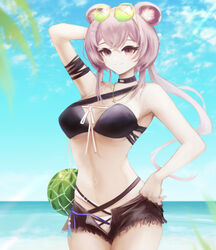  absurdres aiv animal_ears arknights arm_up bare_arms bare_shoulders bikini black_bikini black_choker black_shorts blue_sky breasts choker cloud commentary cowboy_shot day eyewear_on_head female food fruit highres large_breasts lin_(arknights) long_hair looking_at_viewer mouse_ears navel official_alternate_costume open_fly outdoors pink_hair purple_eyes short_shorts shorts single_strap sky smile solo standing stomach sunglasses swimsuit water watermelon 