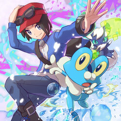  1boy bad_id bad_pixiv_id bag black-framed_eyewear black_bag blue_jacket boots bracelet calem_(pokemon) closed_mouth commentary_request eyewear_on_headwear froakie hat highres jacket jewelry long_sleeves male_focus meowstic meowstic_(male) open_mouth pants pokemon pokemon_(creature) pokemon_xy red_headwear short_hair shoulder_bag smile sunglasses tom_(pixiv10026189) tongue water water_drop 