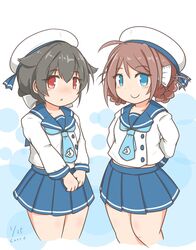  2girls aged_down ahoge black_hair blue_neckerchief blue_sailor_collar blue_skirt braid braided_hair_rings brown_hair chougei_(kancolle) commentary_request cosplay cowboy_shot curse_(023) etorofu_(kancolle) etorofu_(kancolle)_(cosplay) gloves grey_eyes hair_flaps hair_rings hat highres jingei_(kancolle) kantai_collection long_hair long_sleeves low_ponytail multiple_girls neckerchief pleated_skirt red_eyes sailor_collar sailor_hat school_uniform serafuku single_braid skirt smile twin_braids whale_ornament white_gloves white_headwear 