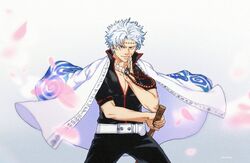  1boy artist_name beads belt black_pants black_shirt blue_hair chinese_commentary clothes_writing collarbone commentary_request cowboy_shot dated gintama godzillapigeon1 gradient_background grey_background half-closed_eyes hand_up highres himejima_gyoumei holding holding_sword holding_weapon japanese_clothes jewelry kimetsu_no_yaiba kimono kimono_on_shoulders legs_apart looking_at_viewer male_focus necklace pants pearl_necklace pectoral_cleavage pectorals petals prayer_beads red_eyes ribbon-trimmed_sleeves ribbon_trim sakata_gintoki scar scar_on_face scar_on_forehead sheath sheathed shirt short_hair signature simple_background solo standing stitches sugita_tomokazu sword sword_writing translation_request voice_actor_connection weapon white_kimono 