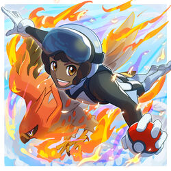  1boy bad_id bad_pixiv_id blue_headwear boots border brown_eyes brown_hair commentary_request dark-skinned_male dark_skin fire flying gloves goggles helmet highres holding holding_poke_ball male_focus open_mouth outside_border outstretched_arms poke_ball poke_ball_(basic) pokemon pokemon_(creature) pokemon_xy sideways_glance sky_trainer_(pokemon) talonflame teeth tom_(pixiv10026189) tongue upper_teeth_only white_border white_gloves 