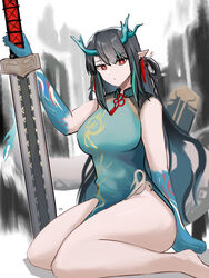  aqua_dress arknights bare_legs bare_shoulders barefoot black_hair breasts china_dress chinese_clothes dress dusk_(arknights) dusk_(everything_is_a_miracle)_(arknights) female highres horns large_breasts looking_at_viewer official_alternate_costume planted planted_sword pointy_ears red_eyes sitting sleeveless sleeveless_dress solo sword tail thick_thighs thighs tofudofu wariza weapon 