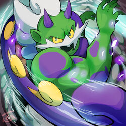  1boy bad_id bad_pixiv_id colored_skin commentary_request facial_hair green_skin horns lowres male_focus moustache muscular muscular_male pokemon pokemon_(creature) signature solo tom_(pixiv10026189) tornadus tornadus_(incarnate) watermark white_hair 