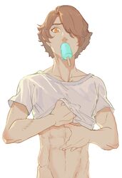  1boy abs absurdres brown_eyes brown_hair carole_&amp;_tuesday eating food hair_over_one_eye highres male_focus midriff mouth_hold nue0210 popsicle roddy_(carole_&amp;_tuesday) shirt simple_background undressing white_background white_shirt 