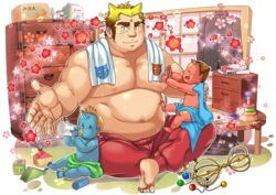  3boys alpha_transparency amamiya_(ammami8) baby baby_bottle bag bara barefoot belly block_(object) blonde_hair blush bottle box brown_hair cardboard_box cherry_blossoms eyebrow_cut flower gakuran gouki_(housamo) gradient_hair hair_horns large_pectorals long_sideburns male_focus multicolored_hair multiple_boys muscular muscular_male naked_towel official_art outline pants pectorals plump reaching reaching_towards_viewer red_pants school_bag school_uniform short_hair sideburns smile sweat thick_eyebrows third-party_source tohno_motosumi tokyo_afterschool_summoners topless_male towel towel_around_neck transparent_background two-tone_hair vajra_(object) white_outline zenki_(housamo) 