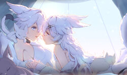  2girls :d alchemy_stars animal animal_ears animal_on_shoulder backlighting bare_shoulders blue_eyes breasts chinese_commentary closed_mouth commentary_request day eye_contact feline hair_ornament highres indoors long_hair long_sleeves looking_at_another lying medium_breasts multiple_girls on_back on_stomach open_mouth philyshy_(alchemy_stars) philyshy_(sweet_dreams)_(alchemy_stars) red_eyes sideboob sleeves_past_wrists smile sunlight tail tenshin_kagehisa white_hair yumi_(alchemy_stars) yuri 