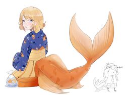  animal_print bag blonde_hair blue_eyes blue_kimono bob_cut female fins fish fish_print fish_tail floral_print hakama hakama_skirt highres hololive hololive_english japanese_clothes kimono koi official_alternate_costume official_alternate_hairstyle orange_skirt plastic_bag short_hair simple_background skirt tail virtual_youtuber watson_amelia watson_amelia_(new_year) white_background yorobisan 