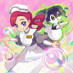  bad_id bad_pixiv_id blue_eyes blush closed_mouth commentary_request dress eyelashes female glowing hair_rings hat heal_ball highres indeedee indeedee_(female) joy_(pokemon) long_hair long_sleeves nurse pinafore_dress poke_ball pokemon pokemon_(creature) pokemon_swsh purple_hair sleeveless sleeveless_dress smile tom_(pixiv10026189) white_headwear 