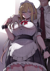  1boy absurdres apron blonde_hair blue_eyes blush bow bowtie breasts collared_shirt crotch_grab dress elf female garter_straps grabbing half-closed_eyes highres huge_breasts long_hair looking_at_another maid maid_headdress mitsudoue necktie original panties pants parted_lips pinching pointy_ears puffy_short_sleeves puffy_sleeves shirt short_sleeves straight sweat underwear wrist_cuffs 