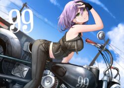  bent_over black_gloves blue_sky breasts closed_mouth day female gloves green_eyes grey_pants hair_between_eyes hand_in_own_hair highres junshiki long_hair looking_at_viewer medium_breasts midriff motor_vehicle motorcycle navel original outdoors pants purple_hair riding sky sleeveless smile solo stomach 