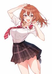  :d arm_up black_skirt blush breasts brown_eyes brown_footwear brown_hair collared_shirt commentary_request diagonal-striped_clothes diagonal-striped_necktie dress_shirt female hair_between_eyes headphones headphones_around_neck kohinata_iroha_(imouuzai) loafers long_hair looking_at_viewer medium_breasts minatoasu necktie plaid plaid_skirt pleated_skirt red_necktie school_uniform shirt shoes short_sleeves simple_background skirt smile solo standing standing_on_one_leg striped_clothes striped_necktie tomodachi_no_imouto_ga_ore_ni_dake_uzai white_background white_shirt 