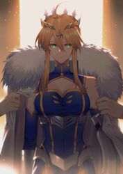  absurdres ahoge armor artoria_pendragon_(fate) artoria_pendragon_(lancer)_(fate) blonde_hair blue_gloves blue_leotard braid breasts cape closed_mouth commentary cowboy_shot crown expressionless fate/grand_order fate_(series) faulds female french_braid fur-trimmed_cape fur_trim gloves green_eyes hair_between_eyes highleg highleg_leotard highres large_breasts leotard lion_king_(lancer)_(fate) orange_background sidelocks sleeveless sleeveless_turtleneck sleeveless_turtleneck_leotard swept_bangs turtleneck turtleneck_leotard two-tone_background yellow_background yorukun 