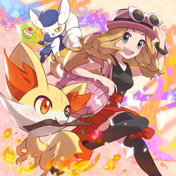  :d bad_id bad_pixiv_id black_thighhighs blonde_hair blush bracelet commentary_request eyelashes eyewear_on_headwear female fennekin grey_eyes hat highres jewelry long_hair meowstic meowstic_(female) open_mouth pink_bag pink_headwear pleated_skirt pokemon pokemon_(creature) pokemon_xy red_skirt serena_(pokemon) shirt skirt sleeveless sleeveless_shirt smile sunglasses teeth thighhighs tom_(pixiv10026189) tongue upper_teeth_only white-framed_eyewear 