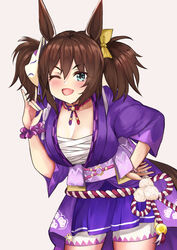  ;d absurdres animal_ears blue_skirt blush breasts brown_hair cleavage commentary_request female fox_mask fox_shadow_puppet green_eyes grey_background hair_between_eyes hand_on_own_hip hand_up highres horse_ears horse_girl horse_tail inari_one_(umamusume) japanese_clothes kimono leaning_forward long_sleeves mask mask_on_head medium_breasts oerba_yun_fang one_eye_closed pleated_skirt purple_kimono sarashi setu_(shining12) short_eyebrows short_shorts shorts shorts_under_skirt simple_background skirt smile solo tail thick_eyebrows twintails umamusume white_shorts 