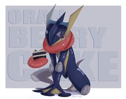  adam_angel artist_name brown_eyes cake cake_slice commentary english_commentary english_text food frog furry greninja holding holding_cake holding_food looking_at_viewer pokemon pokemon_(creature) shiny solo squatting tongue_scarf watermark 