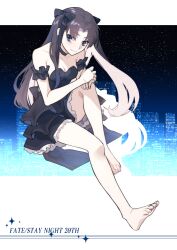  anniversary bare_legs bare_shoulders barefoot black_choker black_dress black_hair blue_eyes bow breasts choker cleavage closed_mouth collarbone copyright_name dress fate/stay_night fate_(series) female floating_hair full_body hairbow hands_on_own_knee highres knee_up long_hair night night_sky off-shoulder_dress off_shoulder puyue sitting sky small_breasts smile solo toes tohsaka_rin two_side_up very_long_hair 