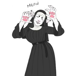  1:1 2024 5_fingers anthro arms_bent belt belt_buckle bingoblin black_belt black_clothing black_dress black_eyebrows black_veil buckle circle_eyebrows claws closed_eyes clothed clothed_anthro clothed_female clothing digital_drawing_(artwork) digital_media_(artwork) domestic_cat dress eyebrows eyelashes felid feline felis female female_anthro finger_claws fingers flat_colors fur hand_pawpads hi_res lips mammal meow nun nun_outfit pawpads pink_lips pink_nose pink_pawpads portrait pose raised_arms simple_background smile smiling_at_viewer solo standing text thick_bottom_lip three-quarter_portrait veil white_background white_body white_claws white_fur 