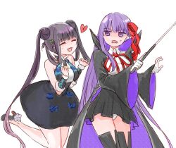  2girls balcony bb_(fate) bb_(fate/extra) black_coat black_dress black_skirt black_thighhighs breasts coat commentary_request double_bun dress fate/grand_order fate_(series) gloves hair_bun hair_ribbon hair_rings heart high_heels himeko_(nico6v6pachi) holding_baton long_coat long_hair medium_breasts miniskirt multiple_girls open_mouth panties purple_eyes purple_hair ribbon short_dress skirt smile standing standing_on_one_leg sweatdrop thighhighs twintails two-sided_coat two-sided_fabric underwear very_long_hair wavy_mouth white_gloves white_panties yang_guifei_(fate) yang_guifei_(first_ascension)_(fate) 