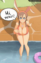  bikini blue_eyes blush breasts brown_hair bunny_ears cleavage female hair hairband huge_breasts large_breasts long_hair looking_at_viewer pendant pool sillygirl sitting solo 