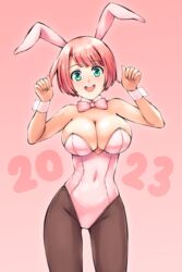  2023 :d animal_ears aposine bow bowtie breasts chinese_zodiac commentary covered_navel cowboy_shot detached_collar english_commentary female gradient_background green_eyes konoka_(aposine) large_breasts leotard looking_at_viewer original pink_background pink_bow pink_bowtie pink_hair pink_leotard rabbit_ears rabbit_girl round_teeth short_hair smile solo swept_bangs teeth upper_teeth_only wrist_cuffs year_of_the_rabbit 