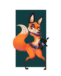  4:5 anthro belt black_ears black_eyes black_lips black_nose canid canine featureless_crotch female fox full-length_portrait fur gloves_(marking) hi_res holding_melee_weapon holding_object holding_sword holding_weapon leg_markings lips mammal markings melee_weapon orange_body orange_fur portrait scabbard socks_(marking) sollarian solo sword two_tone_tail weapon 