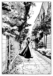  apartment apron arms_behind_back commentary_request day dress female from_behind greyscale leaf looking_at_viewer looking_back maeya_susumu maid maid-san_wa_taberu_dake maid_headdress medium_hair monochrome outdoors smile solo suzume_(maid-san_wa_taberu_dake) tree walking 