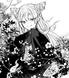  ayashimon black_kimono day drill_hair female flower greyscale hitodama japanese_clothes kimono long_hair looking_at_viewer monochrome outdoors smile solo urara_(ayashimon) wide_sleeves yulu_syukita 