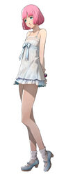  1boy absurdres arms_behind_back bow bracelet catherine:_full_body catherine_(game) crossdressing full_body green_eyes high_heels highres jewelry looking_at_viewer male_focus nightgown official_art otoko_no_ko petite photoshop_(medium) pink_hair rin_(catherine) simple_background smile socks soejima_shigenori solo white_background white_socks 