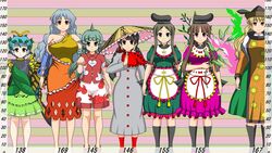  6+girls ajirogasa antennae apron aqua_hair black_footwear black_hair black_headwear black_socks blonde_hair boots bow braid breasts brown_eyes brown_footwear brown_hair brown_headwear butterfly_wings buttons clenched_hand closed_mouth clothes_writing cloud_print coat commentary constellation_print curly_hair detached_sleeves dress eternity_larva full_body green_dress green_eyes green_hair green_skirt grey_coat grey_hair hat heart height_chart hidden_star_in_four_seasons holding holding_plant horns insect_wings kariyushi_shirt kneehighs komainu komano_aunn large_breasts leaf leaf_on_head long_earlobes long_hair long_sleeves looking_at_viewer matara_okina multicolored_clothes multicolored_dress multiple_girls myouga_(plant) nishida_satono orange_eyes pink_bow pink_dress plant puffy_short_sleeves puffy_sleeves red_eyes red_legwear red_shirt sakata_nemuno shirt short_hair short_hair_with_long_locks short_sleeves shorts single_horn single_strap skirt small_breasts smile socks standing sutekase tabard tate_eboshi teireida_mai touhou twin_braids waist_apron wavy_hair white_apron white_shirt white_shorts wings yatadera_narumi yellow_bow yellow_wings 