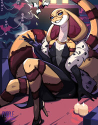  anthro black_clothing black_dress blue_eyes breasts candle christmas christmas_tree cigarette clothed clothing cobra dress eyewear female footwear fora fully_clothed glasses hi_res high_heels holidays long_tail mistletoe_on_tail plant plunging_neckline purple_dice reptile round_glasses scales scalie sitting snake snake_hood solo strapless_clothing strapless_dress tail teeth thick_tail tree yellow_body yellow_scales 