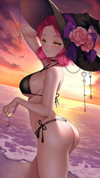  arm_up artist_name ass bare_arms bare_shoulders beach bikini bird black_bikini black_choker black_hat blush bow breasts choker cloud cowboy_shot cup drink eden_(shiroki_yuutsu) female flower flower-shaped_hair grin halterneck hand_on_headwear hat hat_bow hat_flower heart highres holding holding_cup holding_drink large_breasts looking_at_viewer medium_hair multi-strapped_bikini ocean original outdoors parted_bangs parted_lips pink_hair purple_bow side-tie_bikini_bottom sky smile solo standing strap_gap string_bikini sunset swimsuit thong thong_bikini vanilla_(eden_(shiroki_yuutsu)) witch_hat yellow_eyes 