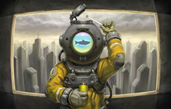  1boy building cityscape commentary_request diving_helmet diving_suit dry_suit feeding fish fish_food fish_tank gradient helmet ka92 male_focus original skyline skyscraper solo standard_diving_dress surreal 