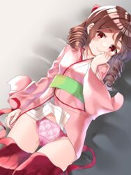  blush bow breasts brown_hair clothes_pull drill_hair female hairbow hakama hakama_skirt harukaze_(kancolle) highres japanese_clothes kantai_collection kimono lips long_sleeves looking_at_viewer lying makiyuki meiji_schoolgirl_uniform on_bed panties pink_hakama pink_kimono pink_panties red_bow red_eyes skirt skirt_pull small_breasts solo twin_drills underwear wide_sleeves 