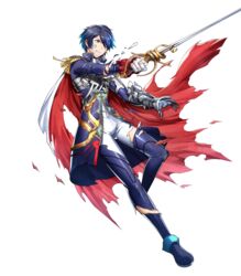  1boy aoi_itsuki armored_boots blue_eyes blue_hair boots cape epaulettes facial_mark fire_emblem fire_emblem_heroes full_body gloves highres mikurou_(nayuta) official_art one_eye_closed sword teeth tokyo_mirage_sessions_fe torn_clothes transparent_background weapon 