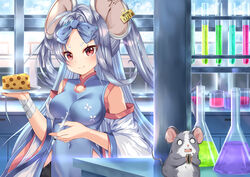  animal_ears blue_archive breasts cheese china_dress chinese_clothes detached_sleeves dress ear_tag female food forehead grey_hair hiding laboratory long_hair looking_at_viewer mitabi_tsukasa mouse_(animal) mouse_ears nezusuke_(blue_archive) plate red_eyes ribbon saya_(blue_archive) smile solo syringe tube 