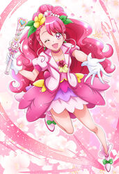  :d back_bow bare_legs bow choker collarbone commentary_request cure_grace earrings female floral_background flower footwear_bow gloves green_bow hair_bun hair_flower hair_ornament hanadera_nodoka hanzou healin&#039;_good_precure healing_wand heart heart_hair_ornament heart_wand highres holding holding_wand jewelry layered_skirt long_hair looking_at_viewer magical_girl one_eye_closed open_mouth outstretched_hand pink_background pink_bow pink_choker pink_eyes pink_flower pink_hair pink_rose pink_theme precure rose shoes single_hair_bun skirt smile solo wand white_background white_footwear white_gloves 