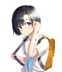  1boy absurdres amano_nagi backpack bad_id bad_pixiv_id bag black_hair blue_neckwear commentary_request grey_eyes hand_up highres looking_at_viewer male_focus one_eye_closed otoko_no_ko parted_bangs photoshop_(medium) randoseru school_uniform shirt short_sleeves simple_background smile solo standing tenki_no_ko upper_body white_background white_shirt yun_(wiz0318) 