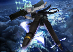  absurdres animal_ears ass black_necktie black_pantyhose blush breasts cat_ears cat_girl cat_tail cloud cloudy_sky commentary_request female fliegerhammer flying full_body green_eyes highres hirschgeweih_antennas holding holding_weapon looking_at_viewer looking_back memory_(prophet5) military military_uniform miniskirt multishot_rocket_launcher necktie night night_sky open_mouth outdoors pantyhose propeller rocket_launcher sanya_v._litvyak short_hair skirt sky small_breasts smile solo strike_witches striker_unit tail uniform weapon white_hair world_witches_series 