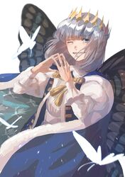  1boy arthropod_boy blue_eyes bug butterfly butterfly_wings cape fate/grand_order fate_(series) fingers_together grey_hair grin highres hyouki_(gamo835-zard) insect_wings male_focus oberon_(fate) one_eye_closed smile solo white_background wings 